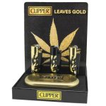 Clipper Metal Flint Lighter - Gold Cannabis Leaves Design - Image 2