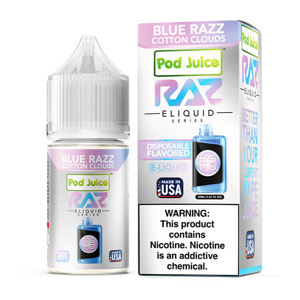 Pod-Juice-X-RAZ-30mL-Blue-Razz-Cotton-Clouds-55mg-UK-01.jpg Pod Juice x RAZ Salt Nic - Blue Razz Cotton Clouds - 35mg - 55mg - 30ml bottle - AUS - Image 1